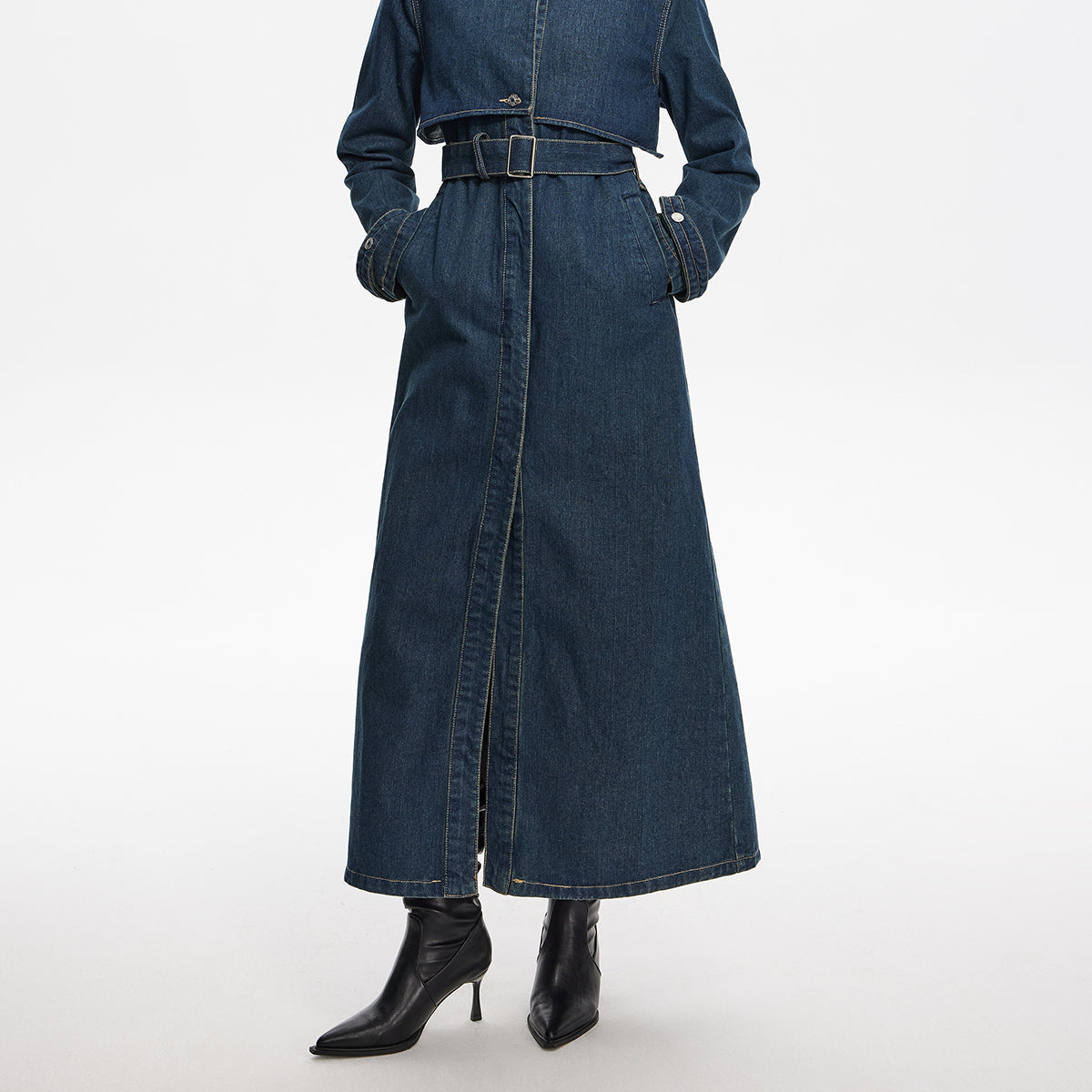 Vivara Belted Long Denim Coat – Timeless Style and Flattering Fit