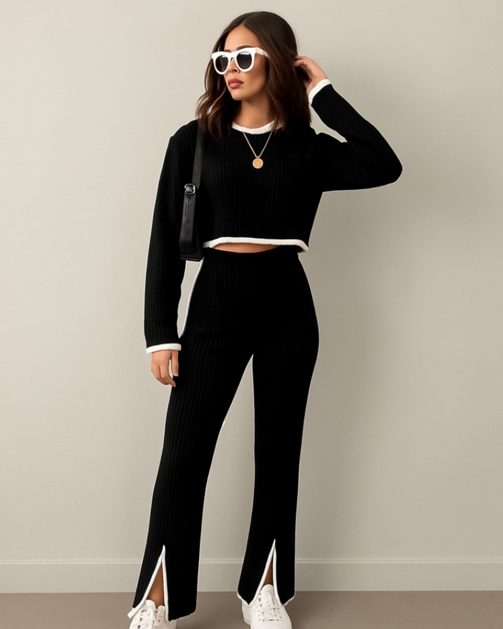 Hannah | 2-delt ribbet loungesæt med kontrastdetaljer - - women's fashion - {{ product_tags }