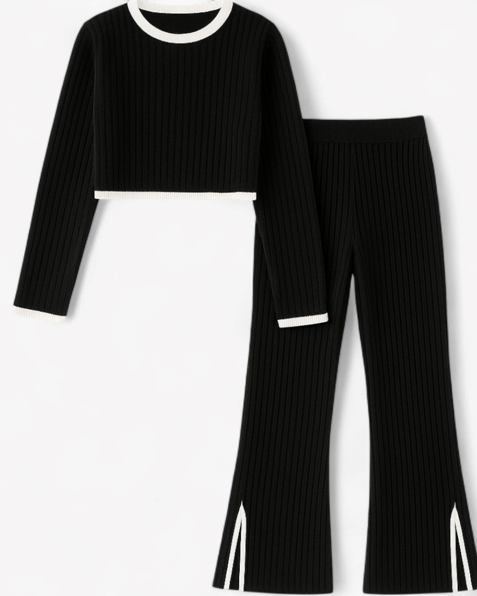 Hannah | 2-delt ribbet loungesæt med kontrastdetaljer - Sort sæt - women's fashion - {{ product_tags }