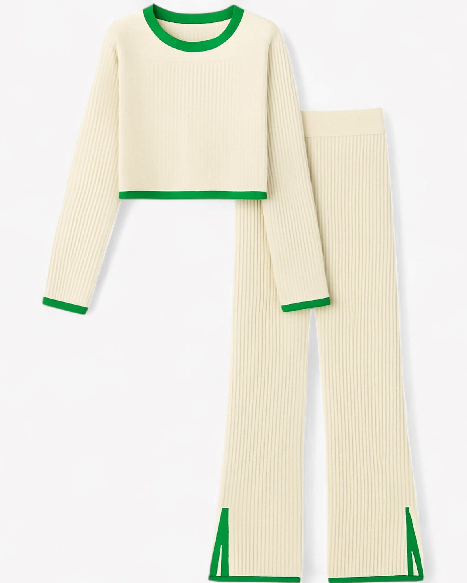 Hannah | 2-delt ribbet loungesæt med kontrastdetaljer - Beige sæt - women's fashion - {{ product_tags }