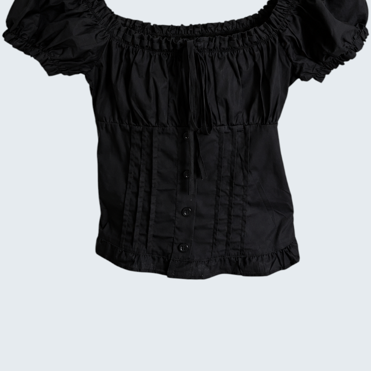 Retro Romantic Black Ruffled Corset Puff Sleeve Top