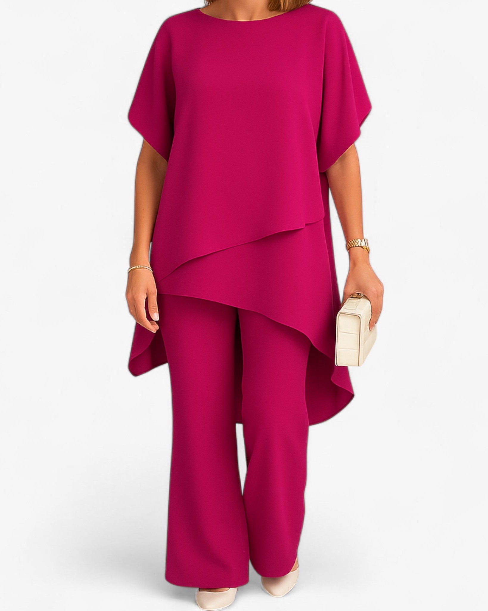 Bianca | Dame Sifon Asymmetrisk Top og Bred-Fod Bukser - Rosa - women's fashion - {{ product_tags }