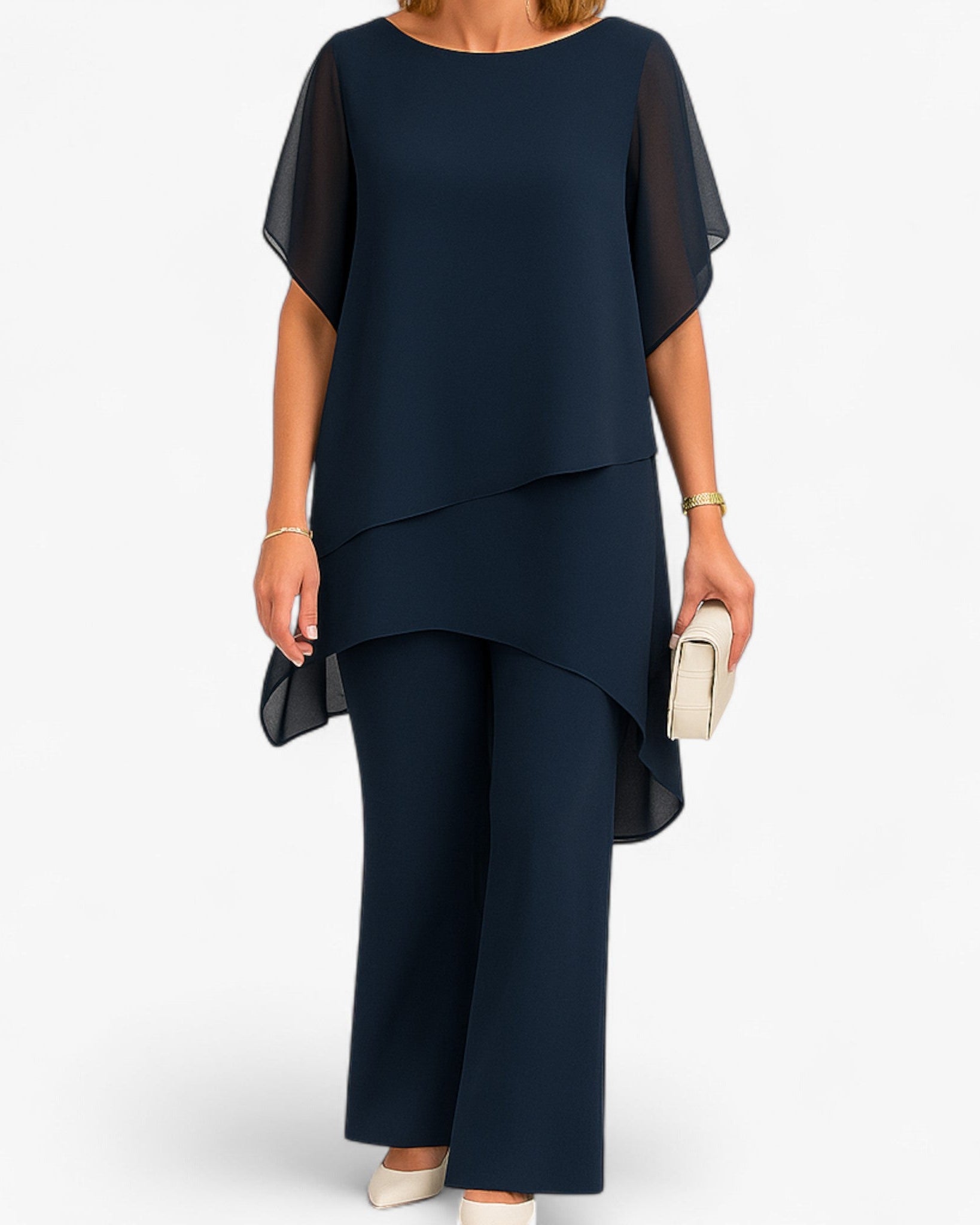 Bianca | Dame Sifon Asymmetrisk Top og Bred-Fod Bukser - Marineblå - women's fashion - {{ product_tags }