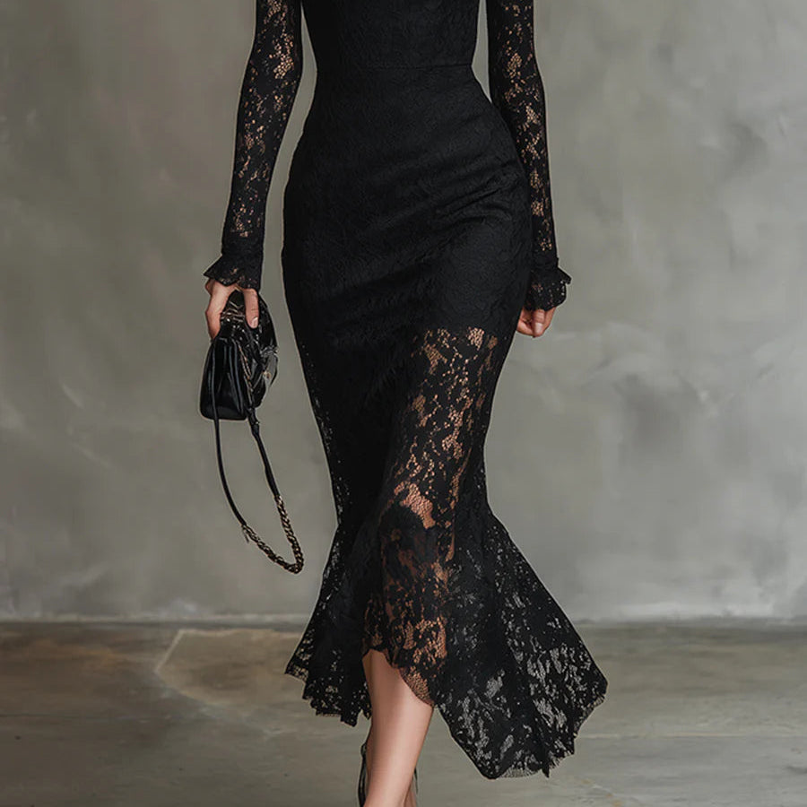 Elwira | Elegant Black Lace Maxi Dress – Timeless Evening Gown