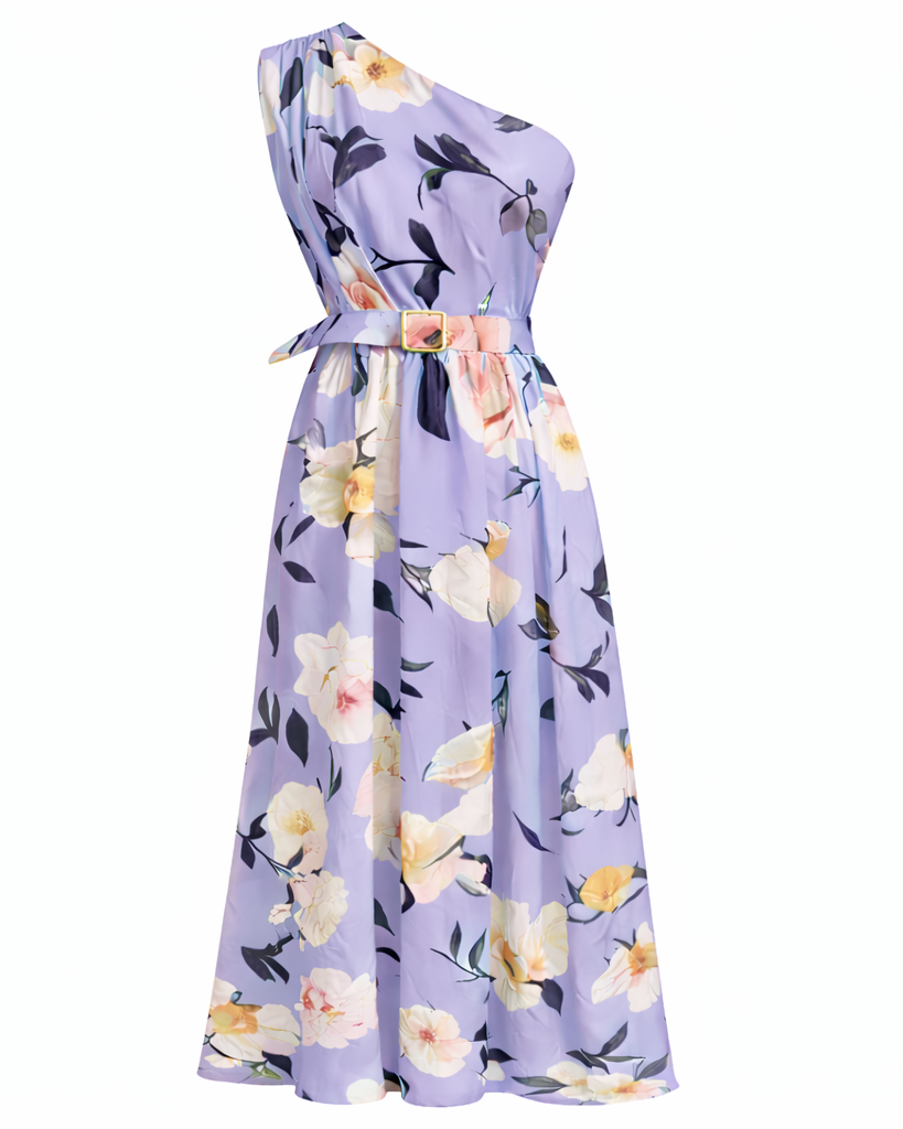Elegant Light Green Floral One-Shoulder Ruched A-Line Maxi Dress in Chiffon