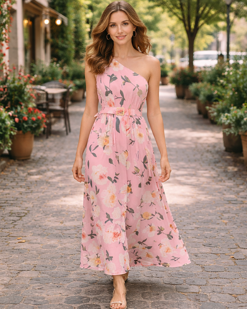 Elegant Light Green Floral One-Shoulder Ruched A-Line Maxi Dress in Chiffon