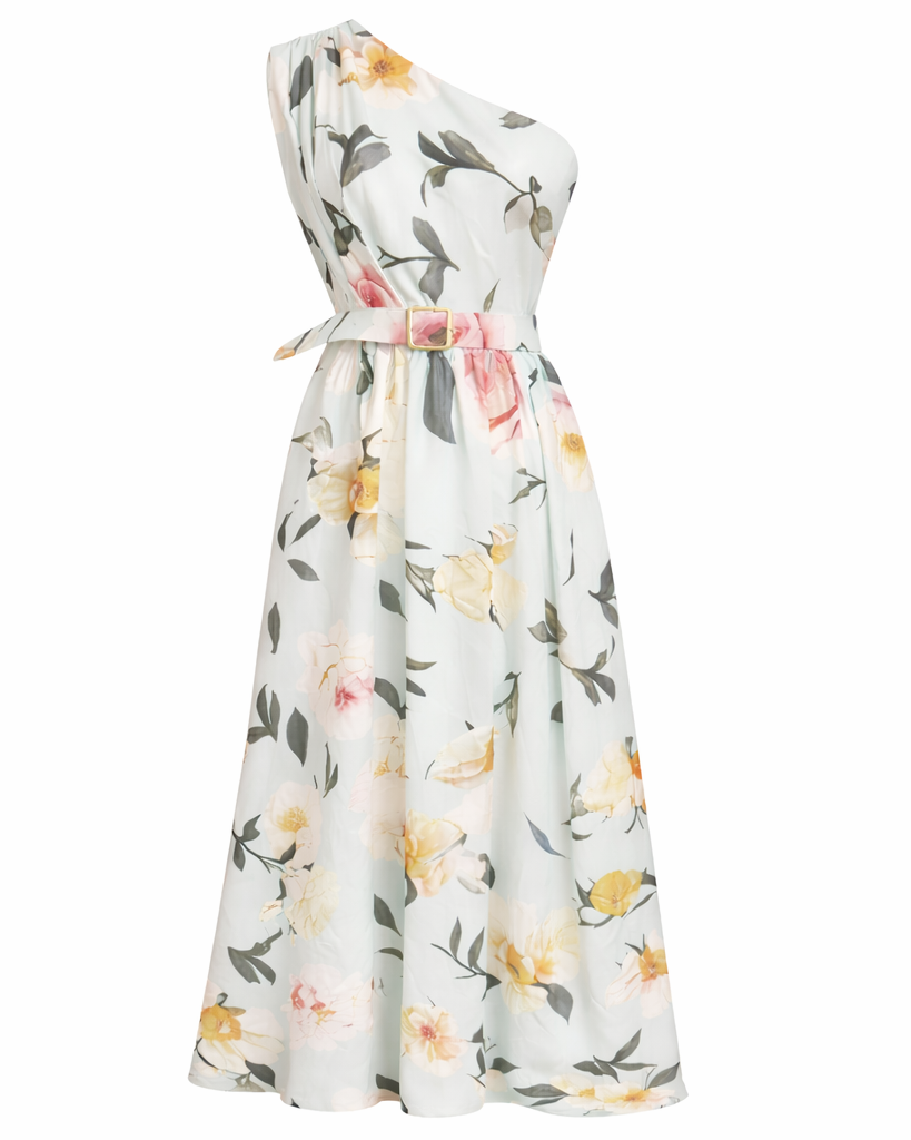 Elegant Light Green Floral One-Shoulder Ruched A-Line Maxi Dress in Chiffon