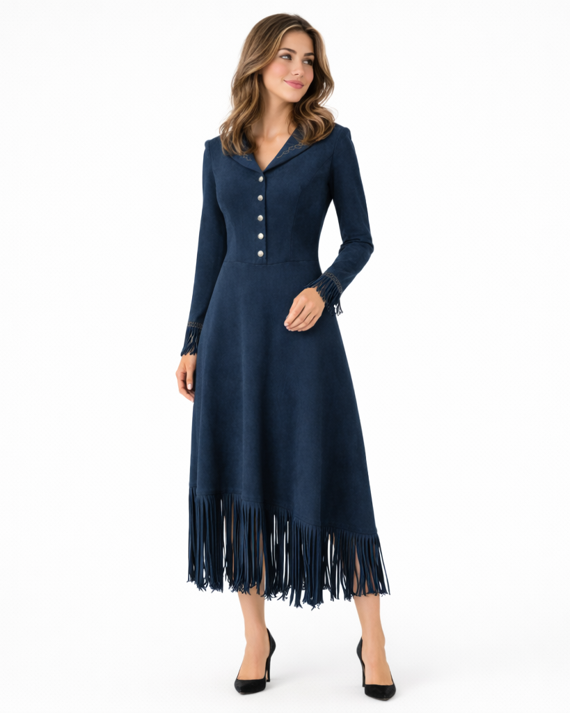 Elegant Retro Embroidered Maxi Dress with Tassels and Belt