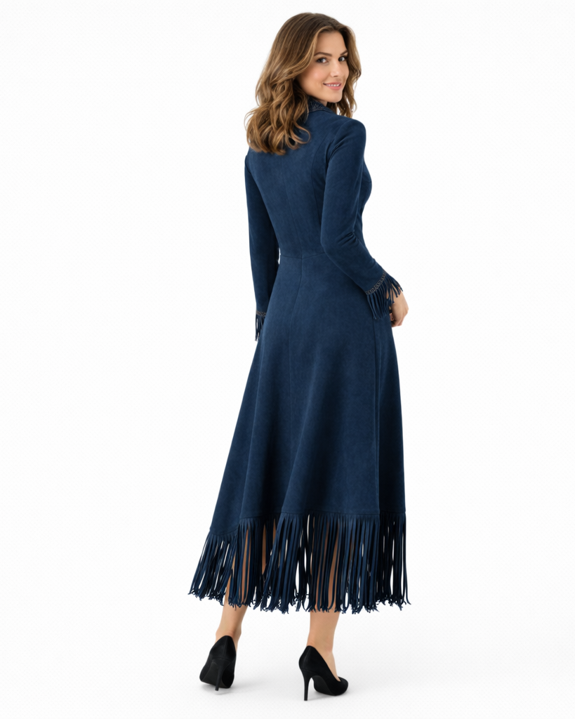 Elegant Retro Embroidered Maxi Dress with Tassels and Belt