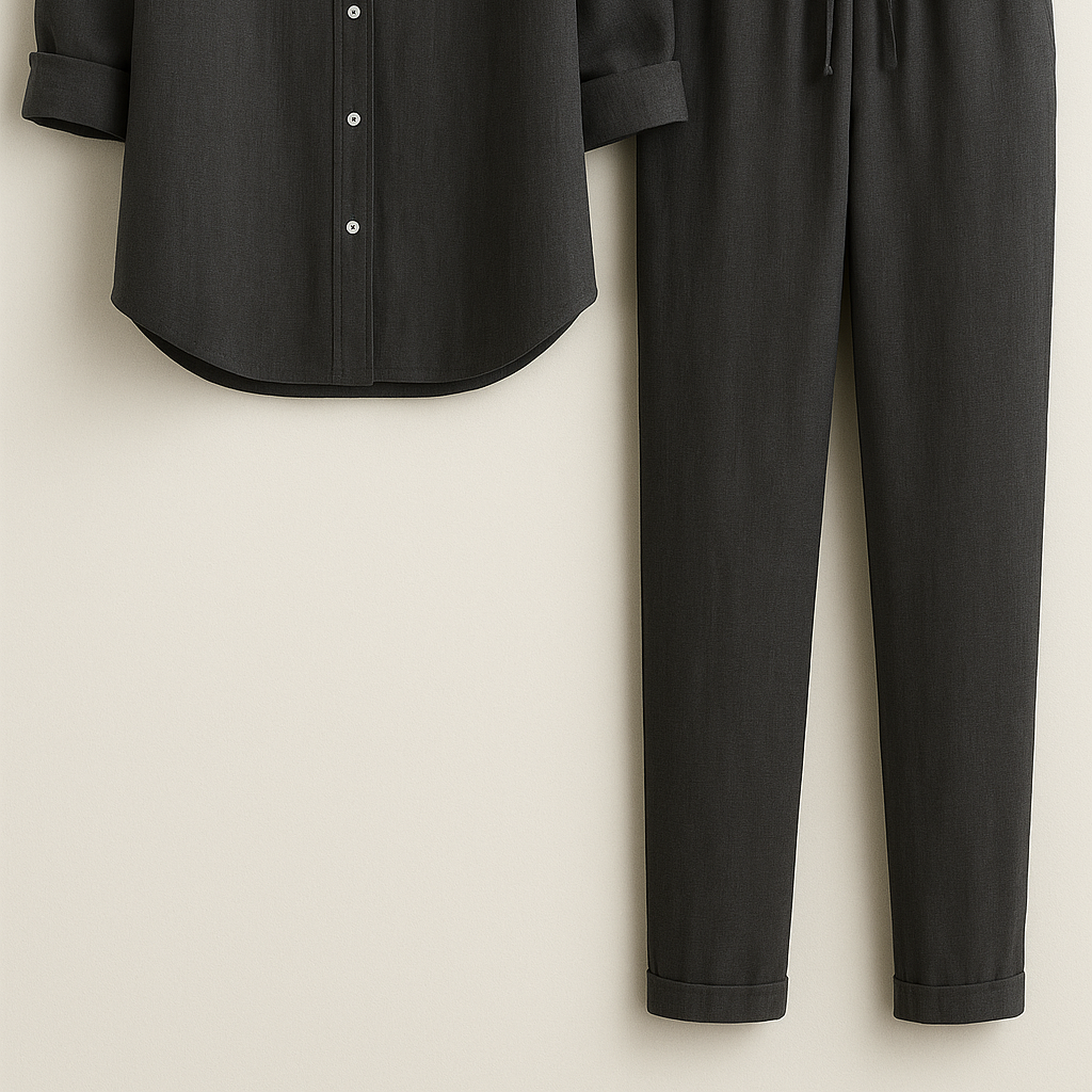 Beth | Elegant Sommersæt i Linned og Bomuld - Mørkegrå - Sætter - {{ product_tags }