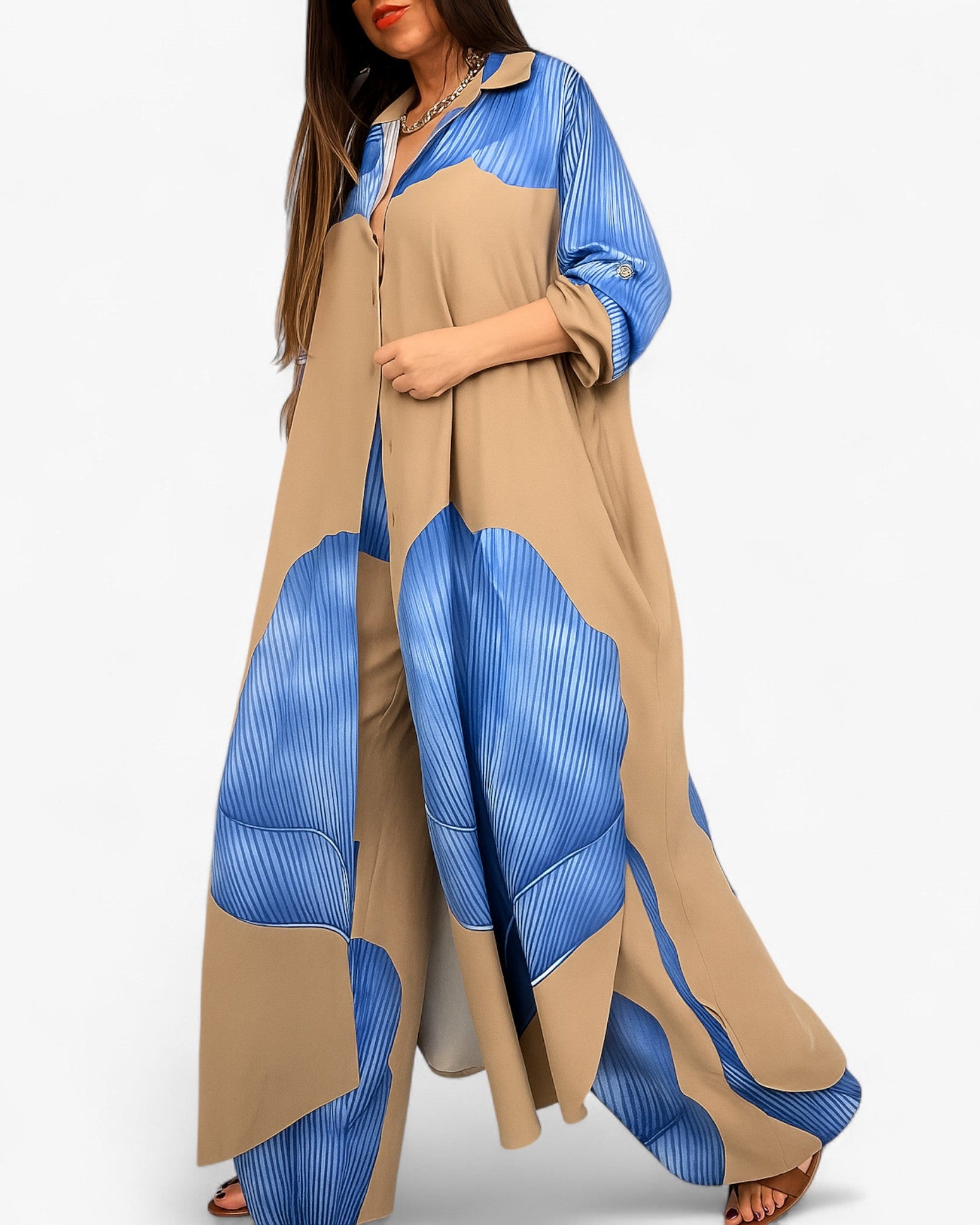 Amelia | Kvinders Elegant Sæt med Skjorte og Bukser - Blå-Khaki - Kvinders tøj - {{ product_tags }