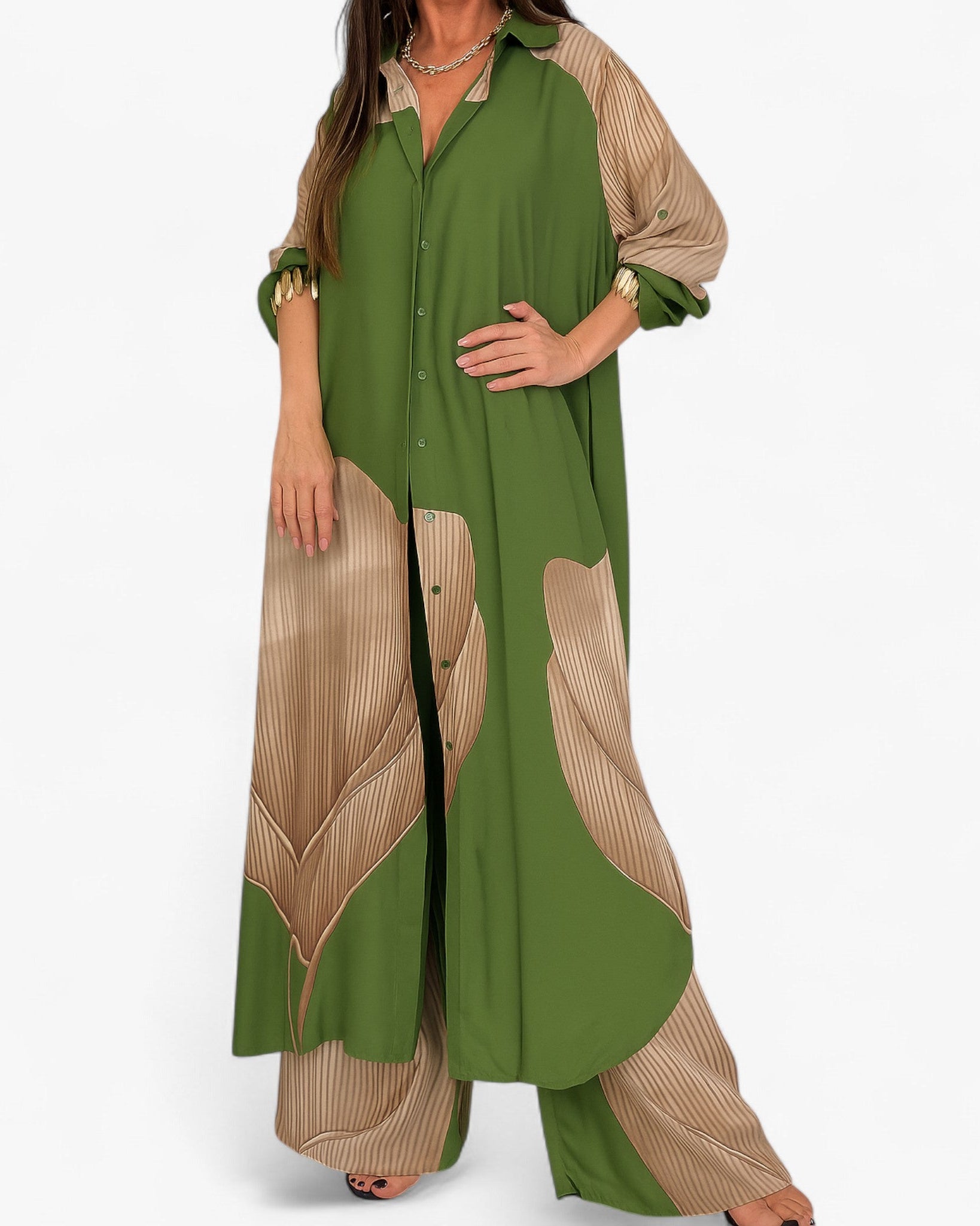 Amelia | Kvinders Elegant Sæt med Skjorte og Bukser - Grøn-Khaki - Kvinders tøj - {{ product_tags }