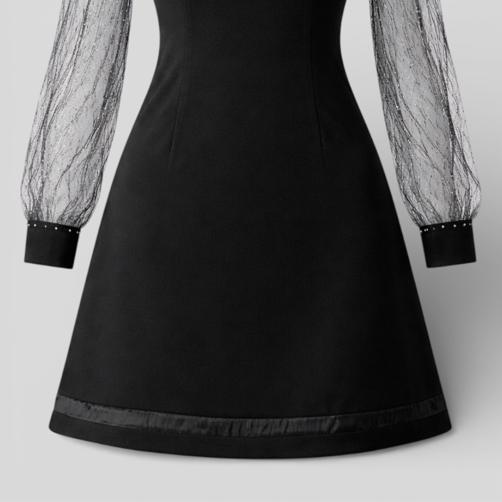 Rhinestone Applique Thermo Dress with Asymmetric Off-Shoulder Neckline and Long Sleeves