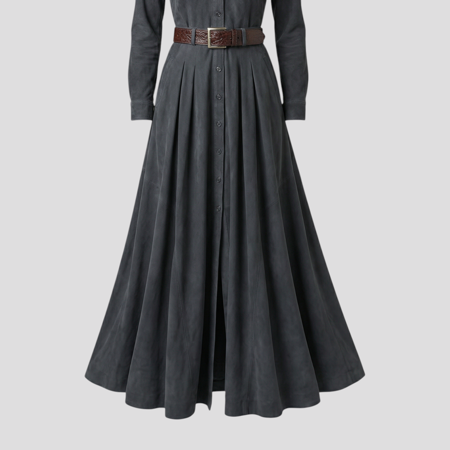 Women's Elegant long suede-like dress with collar, tie waist, and