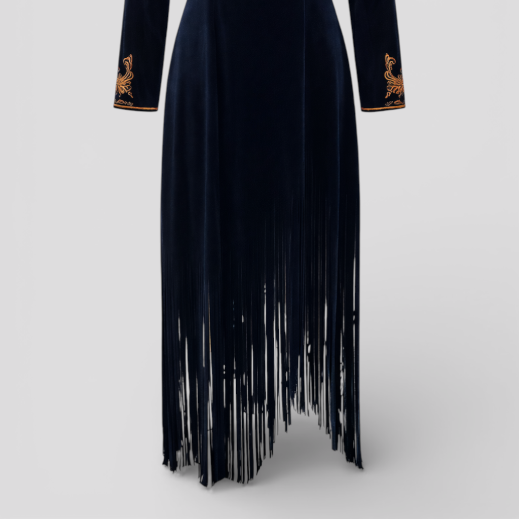 Women's Ethnic Maxi Dress in Navy Blue with Fringes and Split Neckline