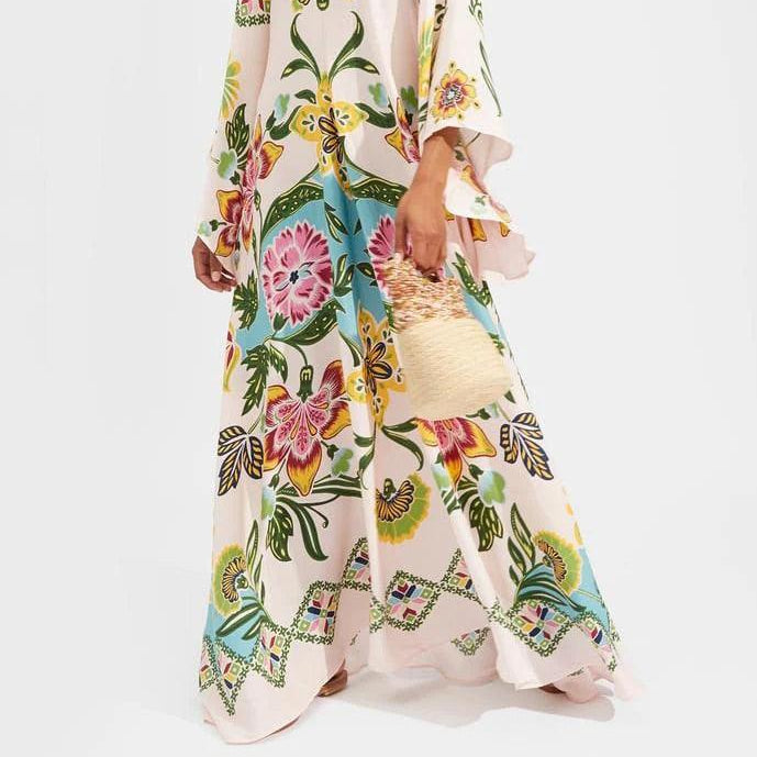 Women's Elegant flowing long dress with sunny floral pattern