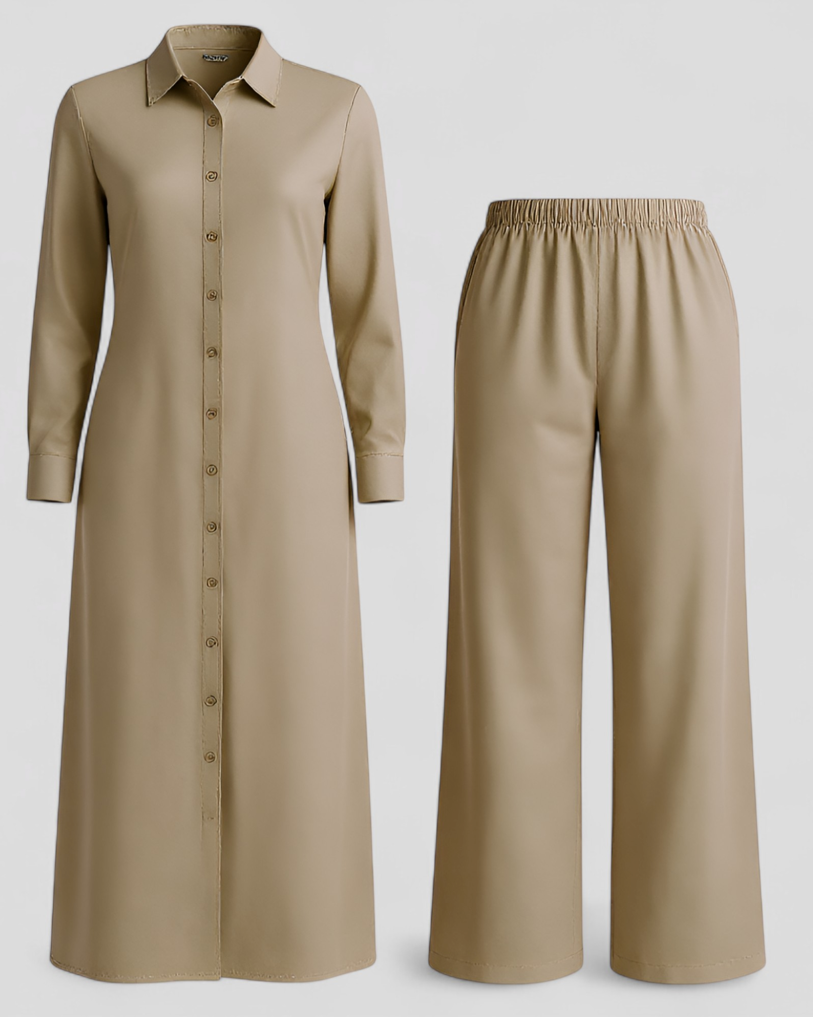 Valeria | Kvinders Elegant Sommer Sæt med Blusekjole og Bukser - Khaki - Kvinders tøj - {{ product_tags }