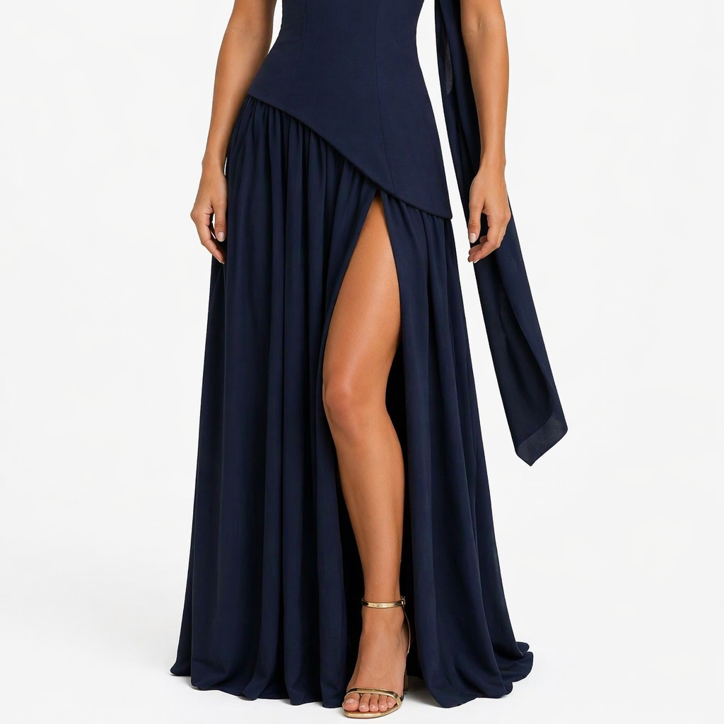 Long strapless dress with slit and elegant ribbon