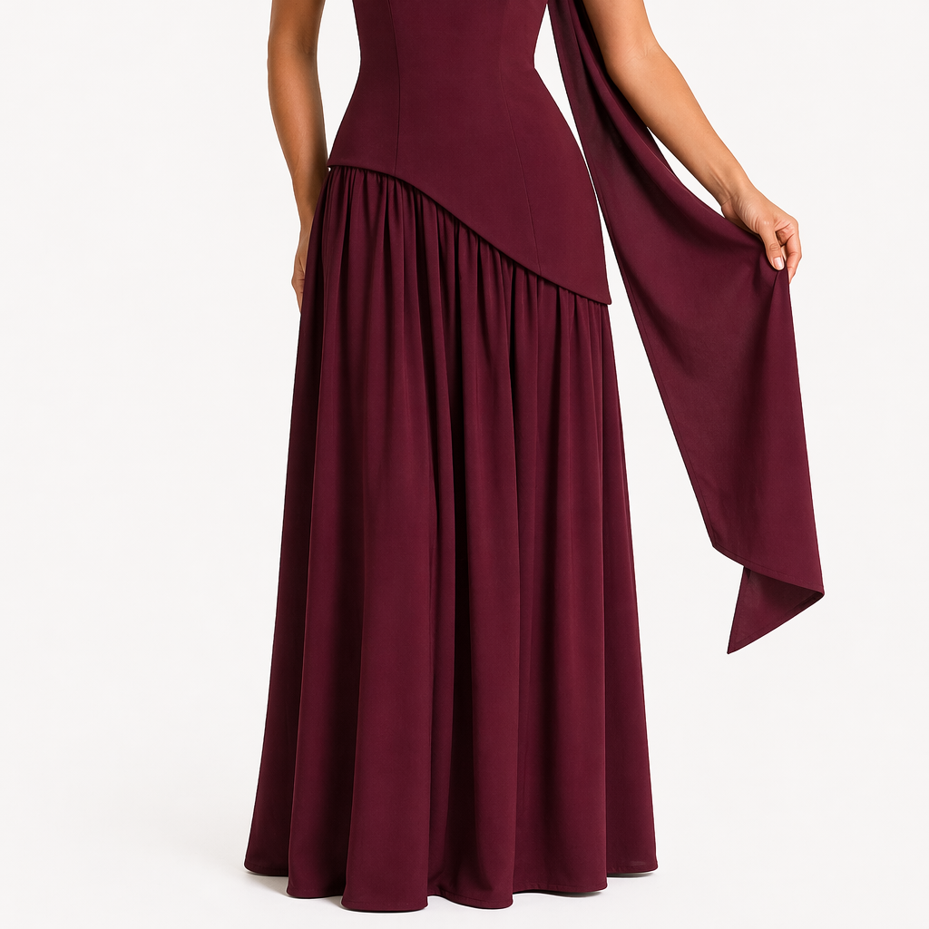 Long strapless dress with slit and elegant ribbon
