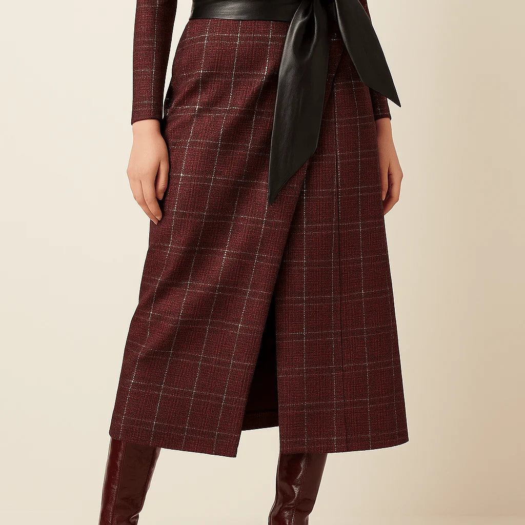 Women's Asymmetric Dress with Sweetheart Neckline, Plaid Belt, Elegant