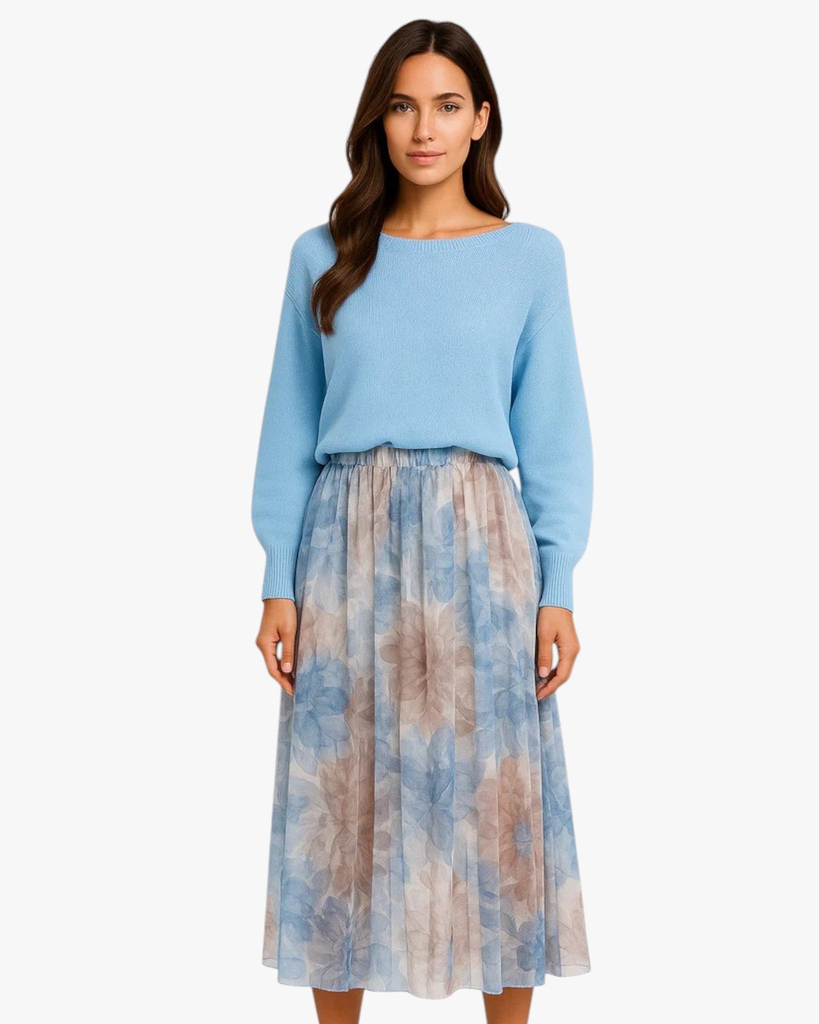Lyra | Kvinders Blå Sweater og Blomster Nederdel - - Kvinders tøj - {{ product_tags }