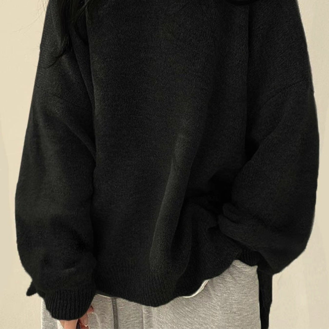 Women's Cozy Drop-Shoulder Split-Hem Round-Neck Knit Sweater