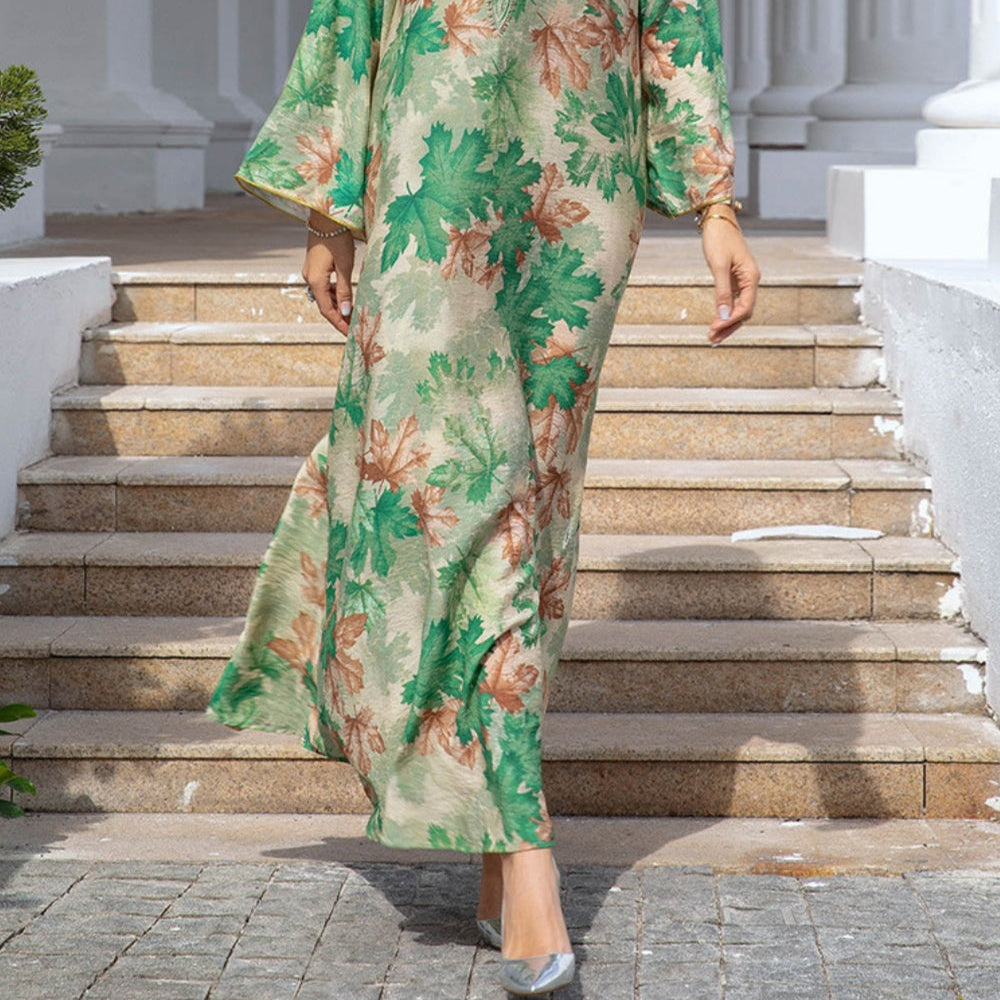 Women's Long Leaf Patterned Dress - Guaranteed Elegance and Comfort