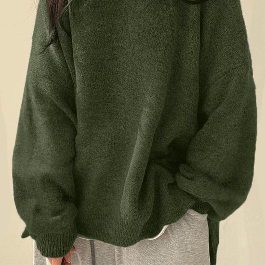 Women's Cozy Drop-Shoulder Split-Hem Round-Neck Knit Sweater