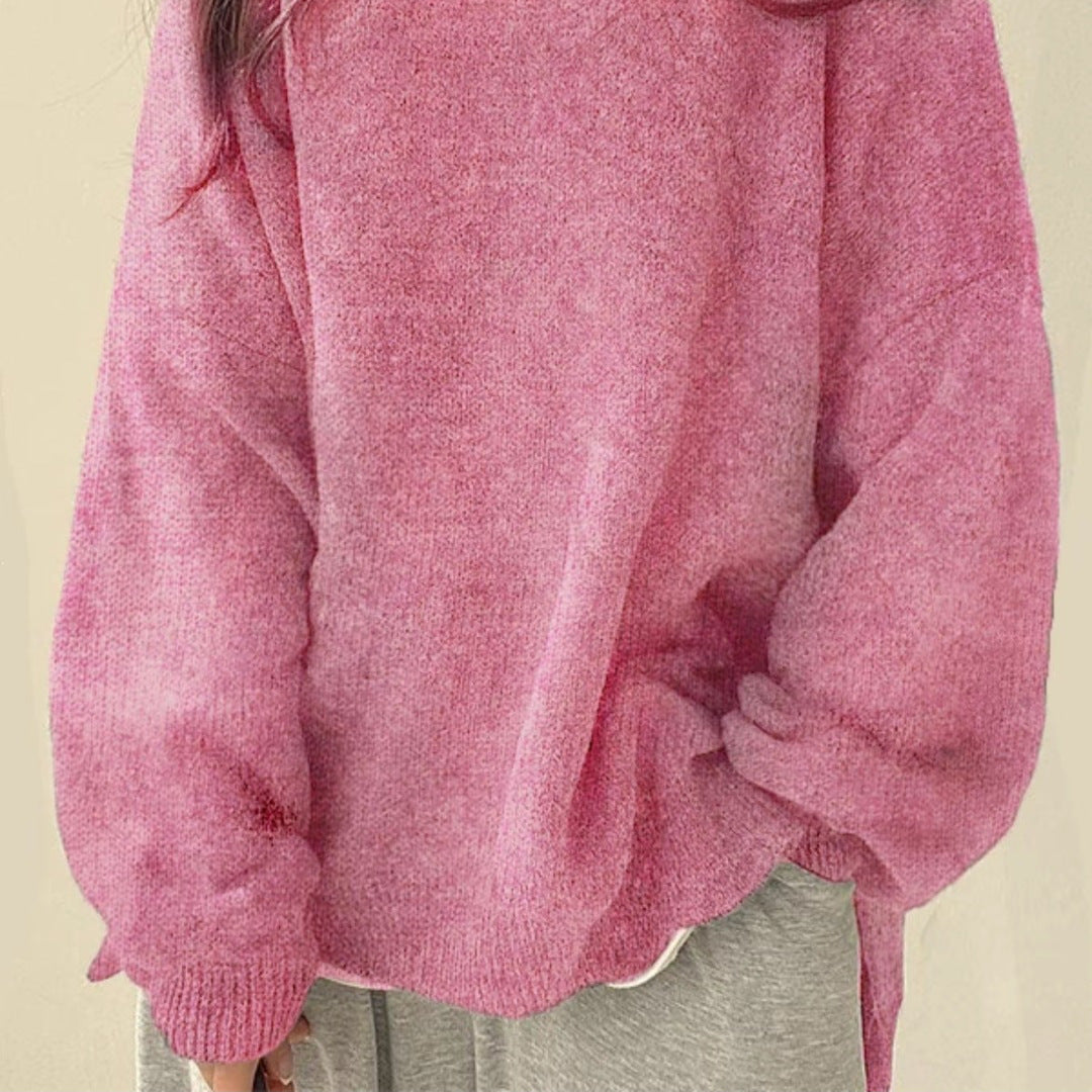 Women's Cozy Drop-Shoulder Split-Hem Round-Neck Knit Sweater