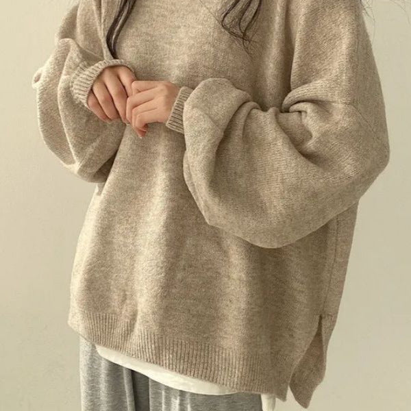 Women's Cozy Drop-Shoulder Split-Hem Round-Neck Knit Sweater