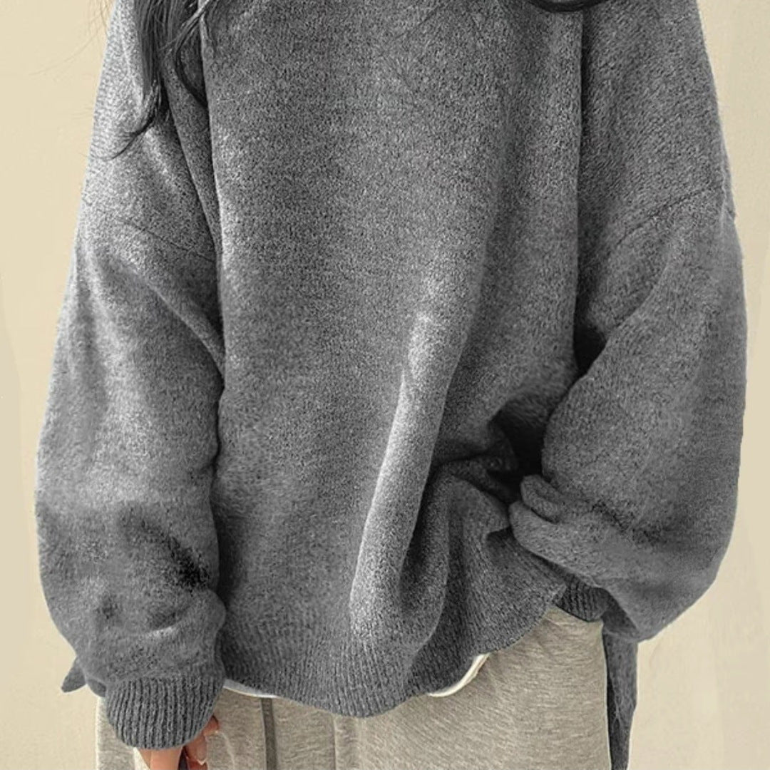 Women's Cozy Drop-Shoulder Split-Hem Round-Neck Knit Sweater