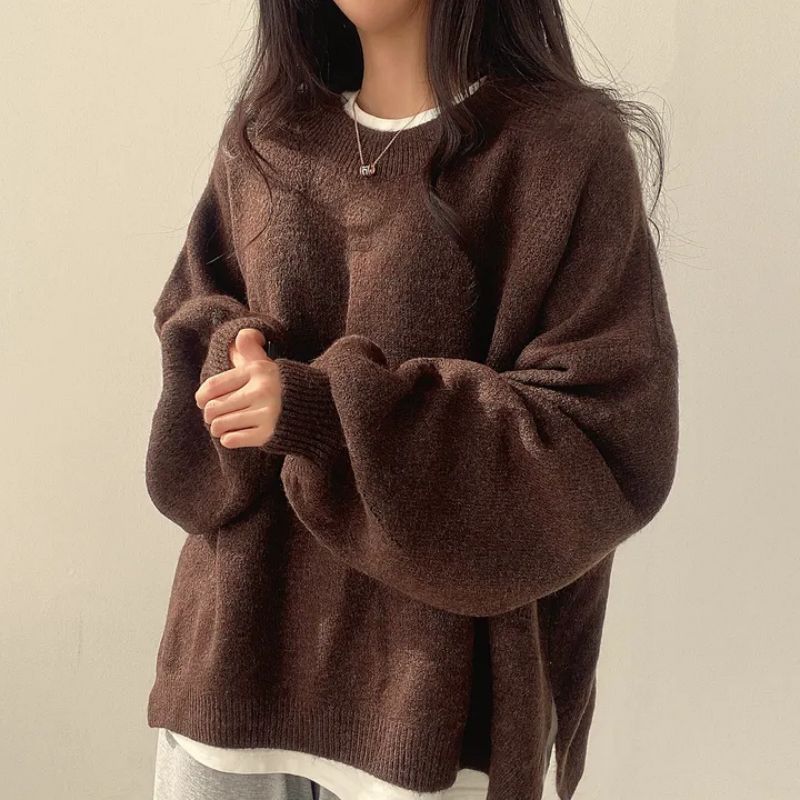 Women's Cozy Drop-Shoulder Split-Hem Round-Neck Knit Sweater
