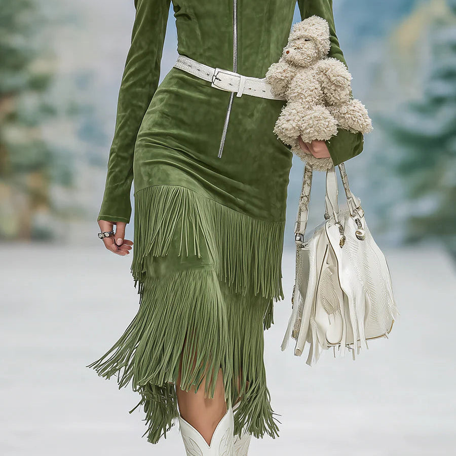 Women's Elegant green faux suede dress with high collar, zipper, and