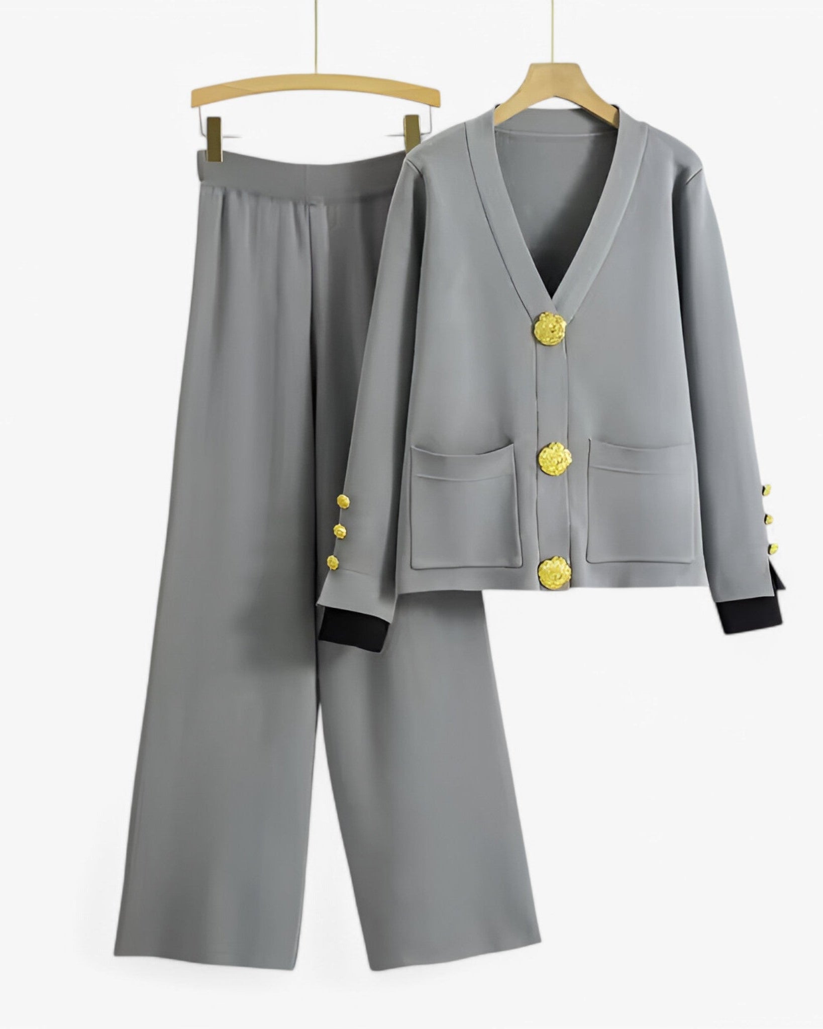 Elena | Strikket todelt sæt med cardigan og bukser - Grå En størrelse passer alle - women's fashion - {{ product_tags }