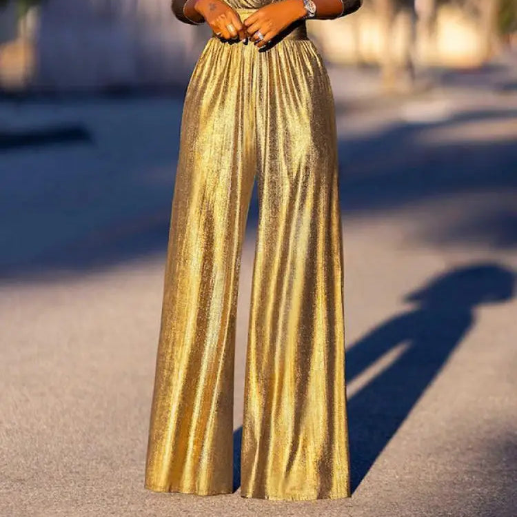 Women’s V-Neck Jumpsuit – 3/4 Sleeve Wide Leg One-Piece