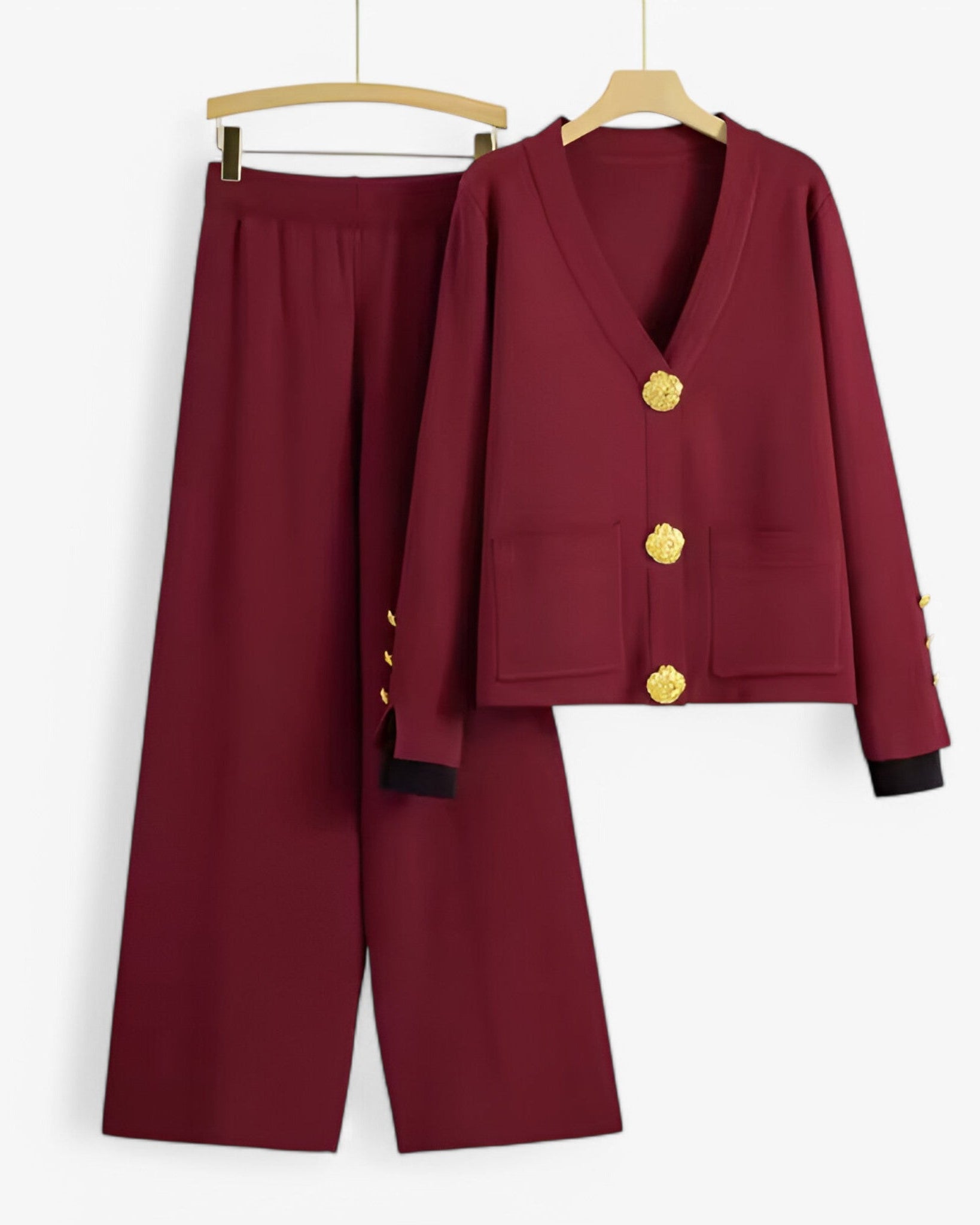 Elena | Strikket todelt sæt med cardigan og bukser - Burgundy En størrelse passer alle - women's fashion - {{ product_tags }