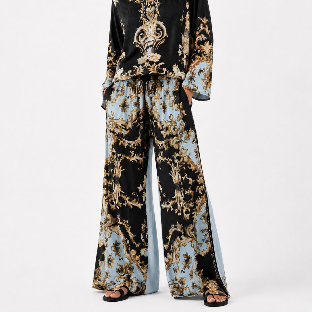 Timeless Baroque-Style Ornate Floral Print Top with Wide-Leg Trousers – Casual Suit Set