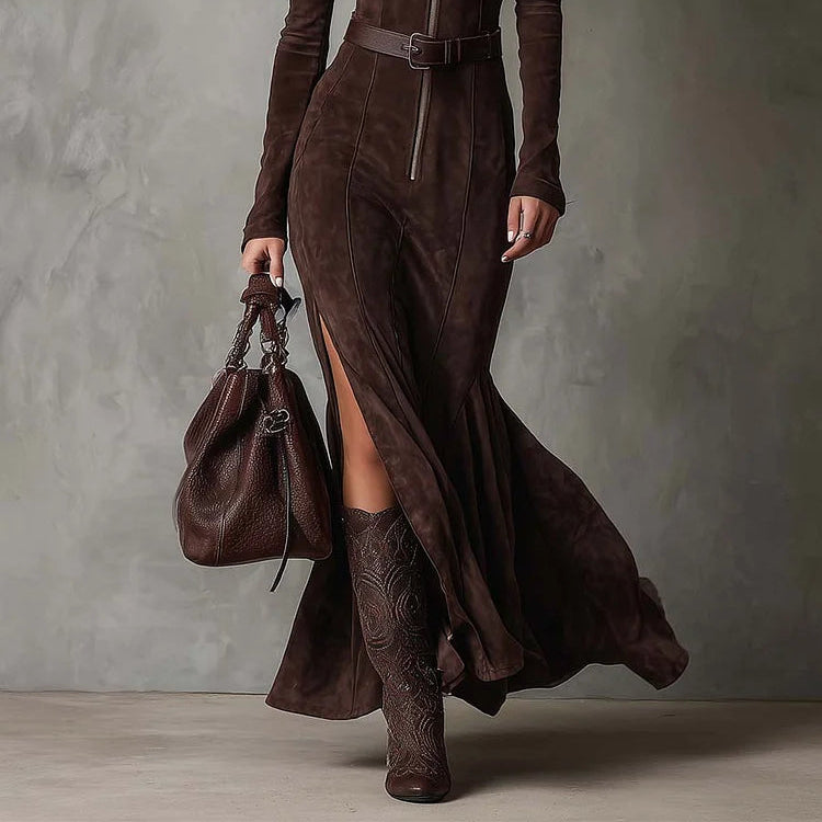 Women's Elegant Vintage Brown Zipper Belted Maxi Dress with Included