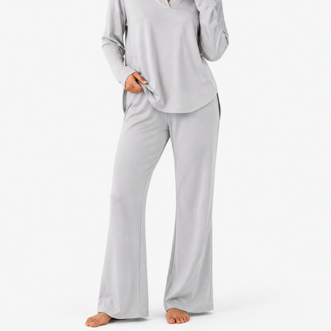 Women's Collared Long Sleeve Top and Straight Leg Pants Set