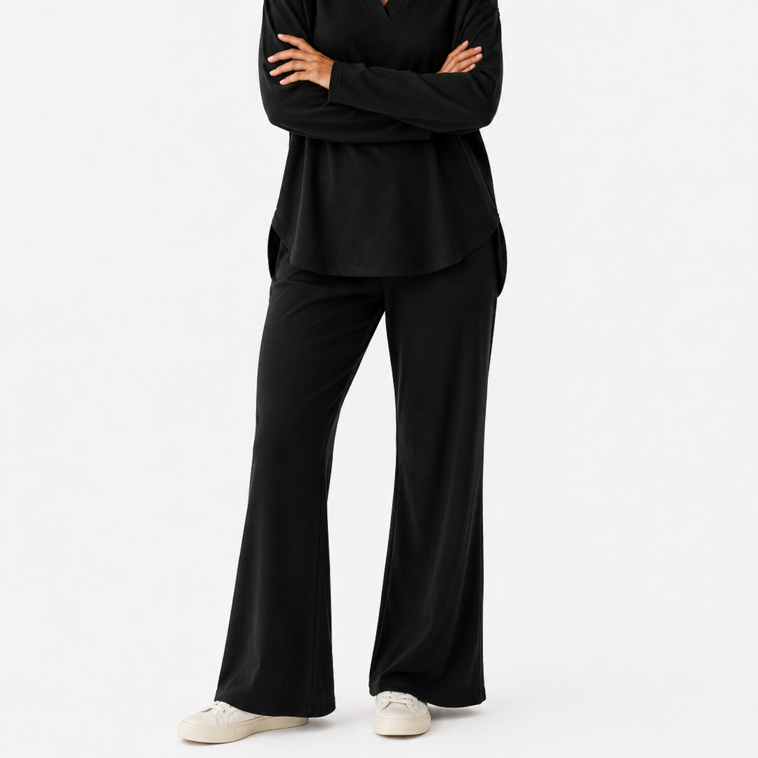 Women's Collared Long Sleeve Top and Straight Leg Pants Set