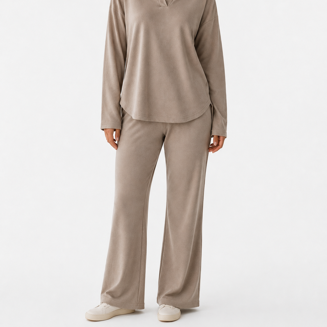 Women's Collared Long Sleeve Top and Straight Leg Pants Set