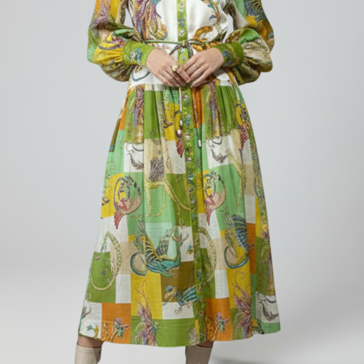 Women's Elegant Printed Maxi Dress with Long Sleeves and a V-Neck