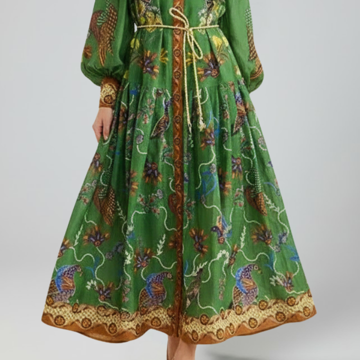 Women's Elegant Printed Maxi Dress with Long Sleeves and a V-Neck