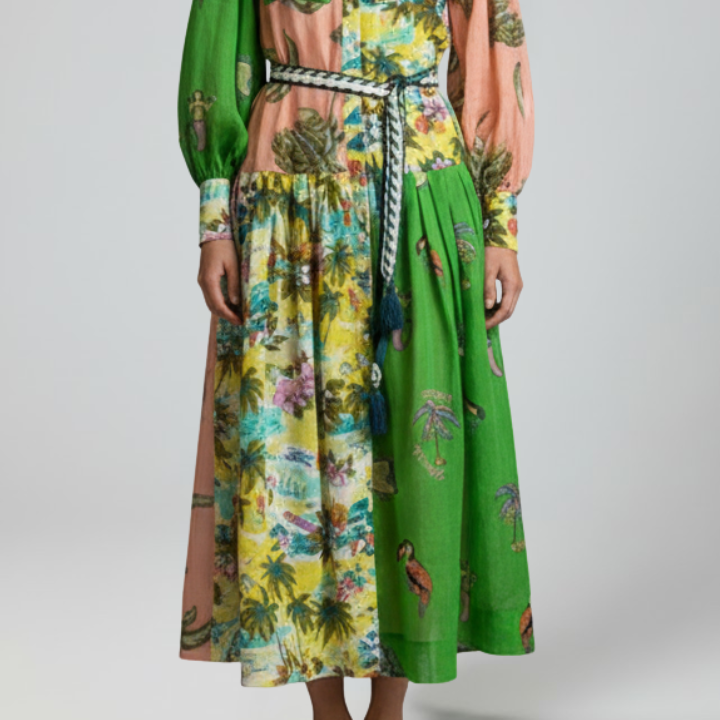 Women's Elegant Printed Maxi Dress with Long Sleeves and a V-Neck