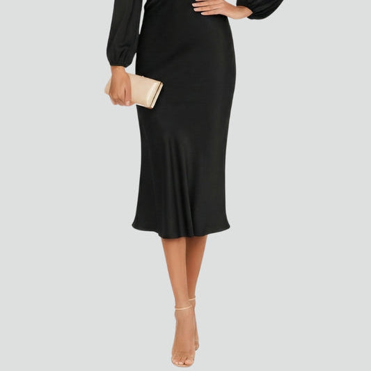 Women's High-Neck Long-Sleeve Midi Dress – Sophisticated, Flattering