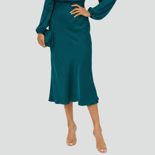 Women's High-Neck Long-Sleeve Midi Dress – Sophisticated, Flattering