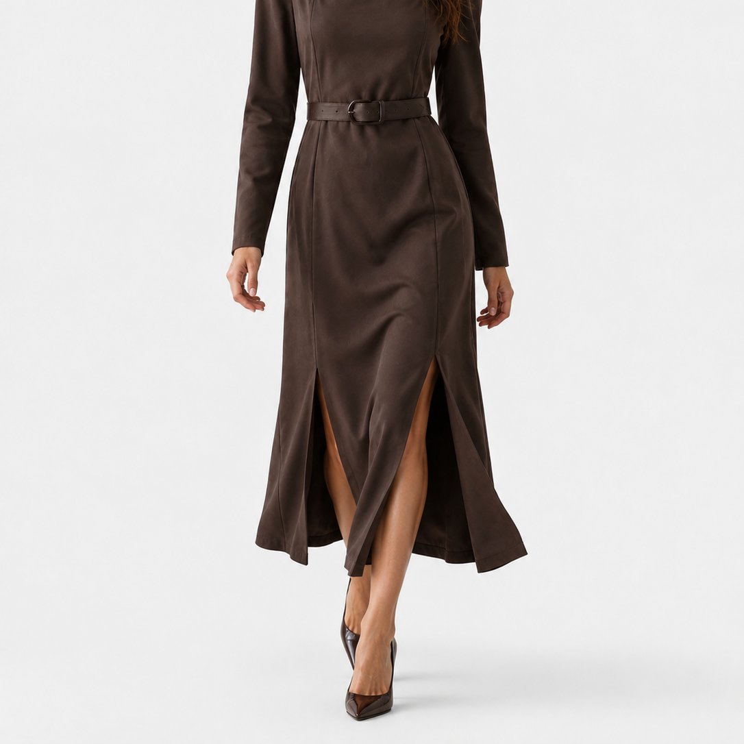 Women's Long Sleeve Maxi Dress with Belt – Square Neck