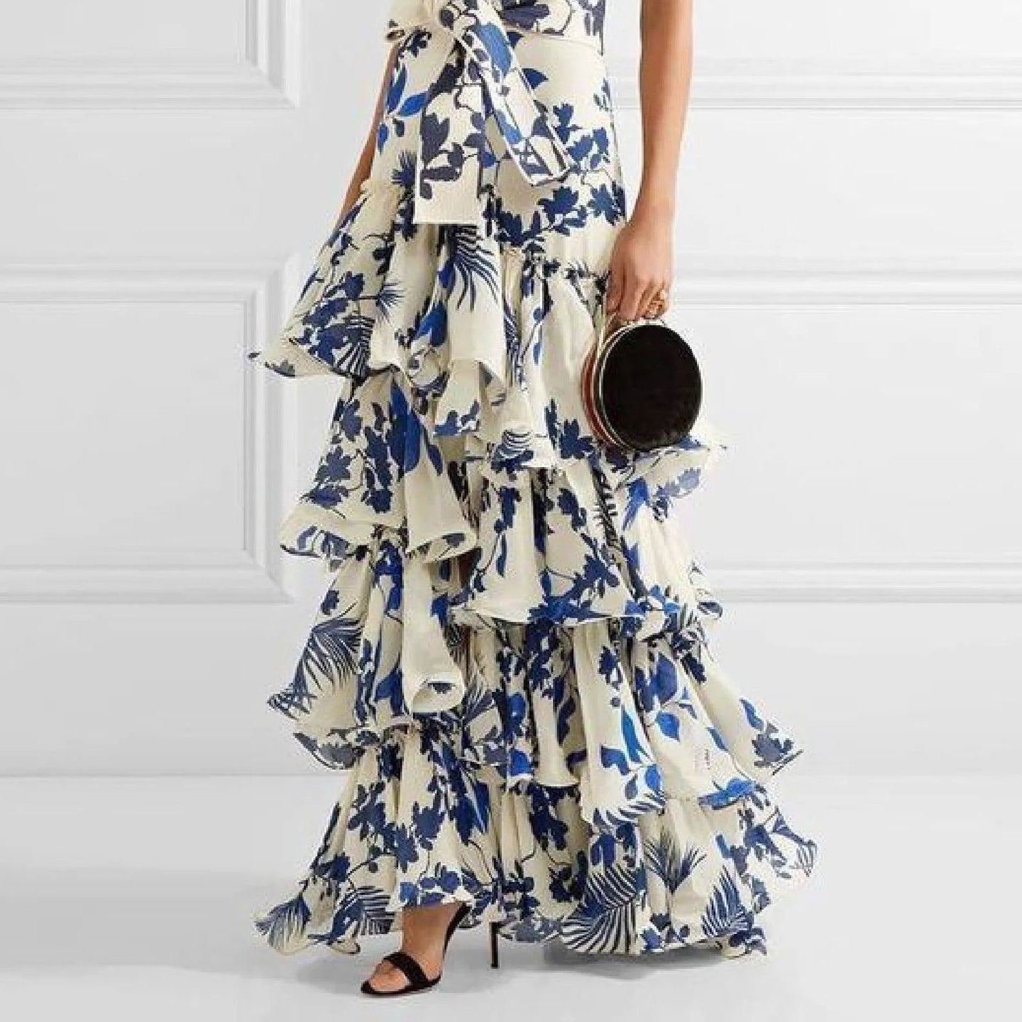Women's Blue and white floral maxi dress with halter neckline