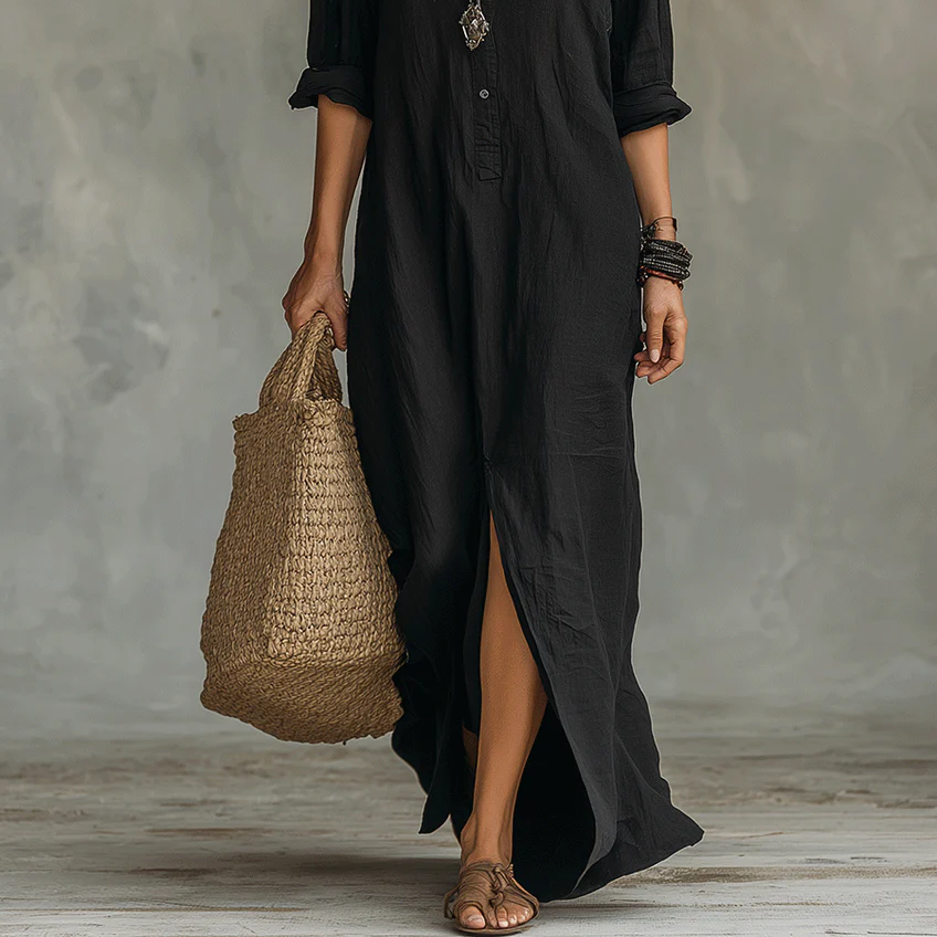Soline™ | Loose Black Maxi Dress with Buttons