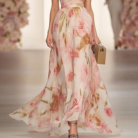 Women's Casual Maxi Dress with Floral Print, V-Neck and Short Sleeves